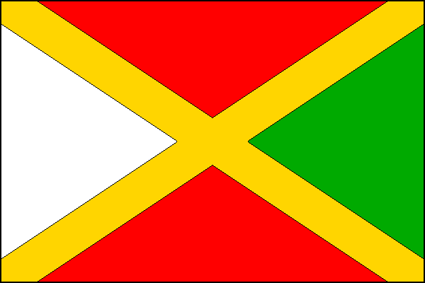 List se žlutým ondřejským křížem širokým jednu sedminu šířky listu. Žerďové trojúhelníkové pole bílé, horní a dolní červené a vlající zelené. Poměr šířky k délce listu je 2:3.