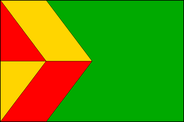 Zelený list s vodorovně děleným červeno-žlutým žerďovým klínem s vrcholem ve čtvrtině délky listu a s vodorovně dělenou žluto-červenou krokví s vrcholem ve středu listu. Krokev vychází z první čtvrtiny horního a dolního okraje listu. Poměr šířky k délce l