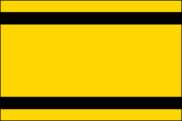 Žlutý list se dvěma černými vodorovnými pruhy v poměru 1:1:6:1:1. Poměr šířky k délce je 2:3.