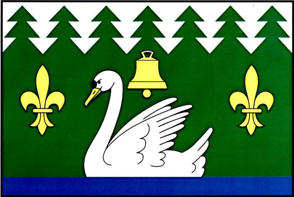 List tvoří tři vodorovné pruhy, bílý, zelený smrkový a modrý, v poměru 3 : 7 : 1. Na modrém pruhu pluje bílá labuť se žlutým zobákem, provázená nahoře zvonem a v žerďové a vlající části liliemi, vše žluté. Poměr šířky k délce listu je 2 : 3.