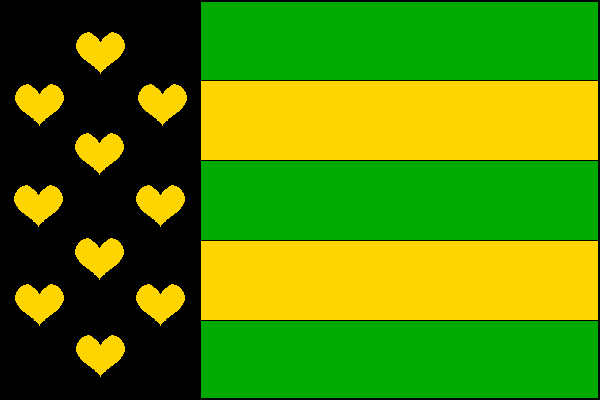 List tvoří černý žerďový pruh široký jednu třetinu délky listu s deseti žlutými srdíčky ve třech svislých řadách (3,4,3) a pět vodorovných pruhů střídavě zelených a žlutých. Poměr šířky k délce listu je 2:3.