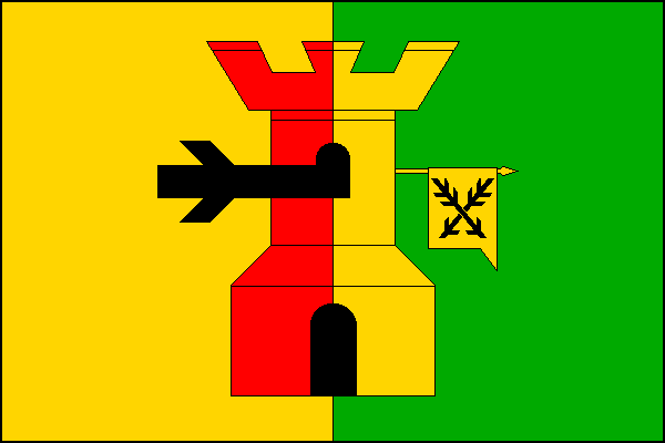 List tvoří dva svislé pruhy, žlutý a zelený. Uprostřed červeno-žlutě polcená věž s cimbuřím, s černou prolomenou branou a obloukovým oknem, ze kterého k žerďovému okraji vyniká černá ostrev se dvěma suky. V zeleném poli ze žluté poloviny věže vyniká vodor
