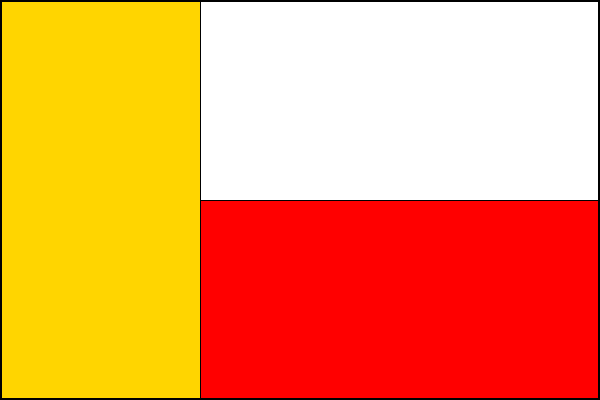 List tvoří žlutý žerďový pruh jednu třetinu délky listu a dva vodorovné pruhy: bílý a červený. Poměr šířky k délce listu je 2:3.