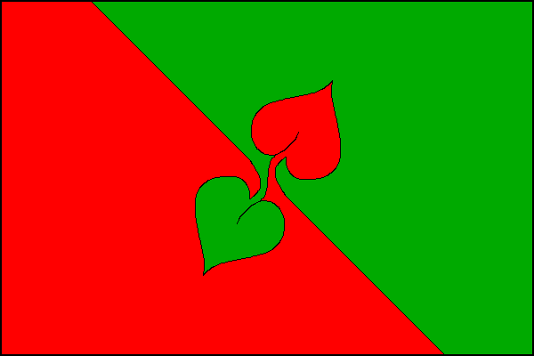 Červeno-zeleně kosmo dělený list z první šestiny horního do páté šestiny dolního okraje. Ze středu listu vynikají k hornímu a dolnímu okraji listu lipové listy opačných barev. Poměr šířky k délce listu je 2:3.