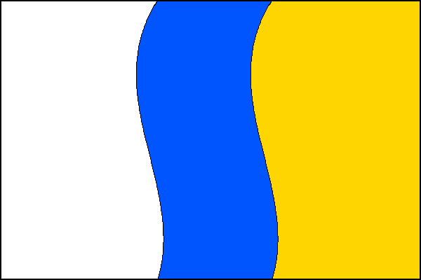 List tvoří tři svislé pruhy, bílý, vlnitý modrý s jedním vrcholem a jednou prohlubní a žlutý, v poměru 3:2:3. Poměr šířky k délce listu je 2:3.