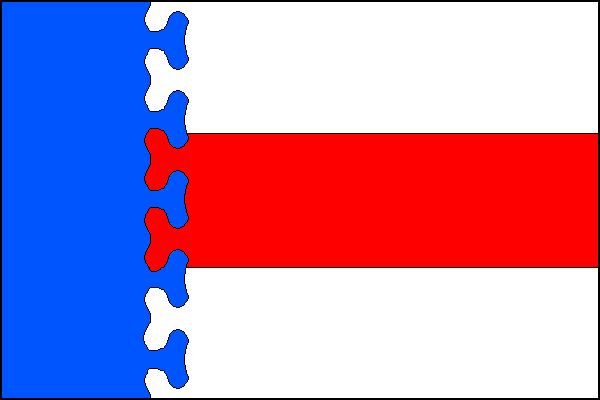List tvoří modrý žerďový pruh s oblakovým okrajem o pěti vrcholech široký jednu čtvrtinu délky listu a tři vodorovné pruhy: bílý, červený a bílý. Poměr šířky k délce listu je 2:3.