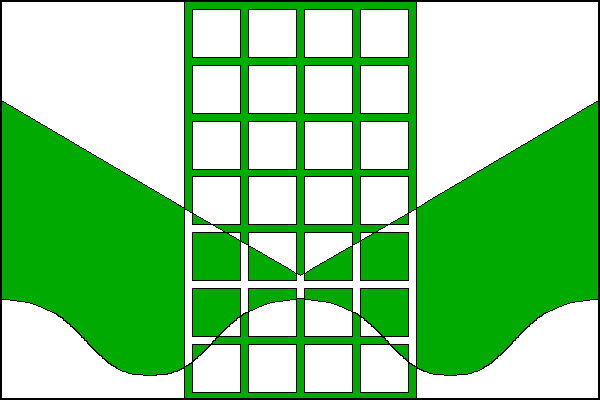 List tvoří bílé pětiúhelníkové pole, vycházející z horního okraje, z první čtvrtiny žerďového a vlajícího okraje listu a s vrcholem ve druhé třetině šířky listu, pod ním zelené pole a bílý zvlněný pruh na dolním okraji listu, široký jednu čtvrtinu šířky l