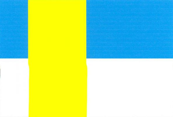List tvoří dva vodorovné pruhy, modrý a bílý, a svislý žlutý pruh vycházející z druhé a třetí šestiny horního a dolního okraje listu. Poměr šířky k délce listu je 2 : 3.