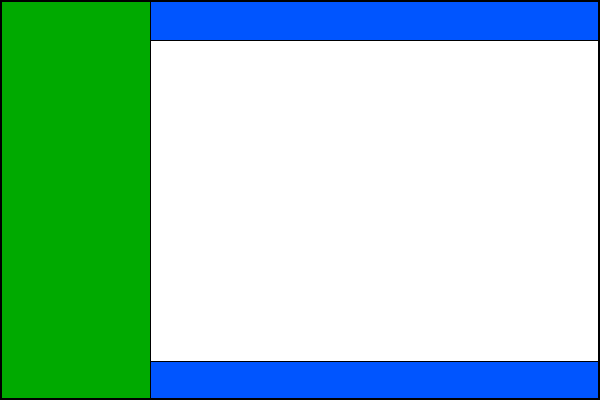 List praporu tvoří zelený žerďový pruh široký jednu čtvrtinu délky listu a tři pruhy: modrý, bílý a modrý v poměru 1:7:1. Poměr šířky k délce listu je 2:3.
