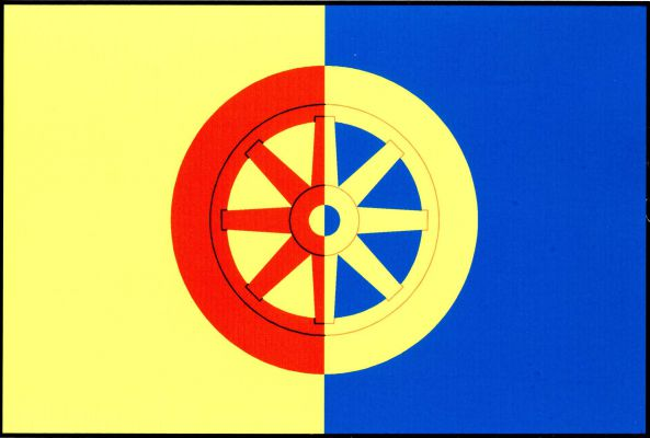 List tvoří dva svislé pruhy, žlutý a modrý. Uprostřed polcené vozové kolo, ve žlutém poli červené, v modrém žluté. Poměr šířky k délce listu je 2 : 3.