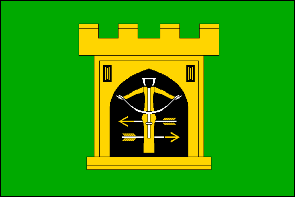 Zelený list; uprostřed žlutá věž s cimbuřím, černou gotickou bránou a dvěma černými otvory se žlutými kladkami. V bráně vztyčená žlutá kuše s napínacím třmenem a nenapnutou tětivou, oboje bílé, podložená vodorovně dvěma bílými šípy se žlutými hroty a opeř