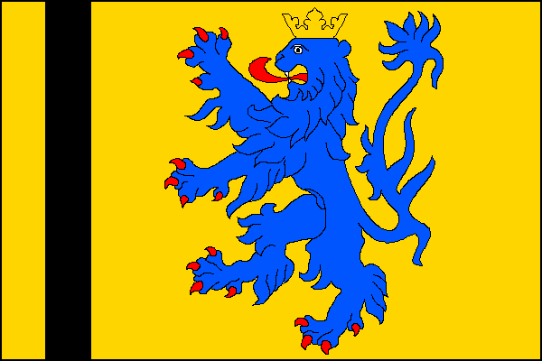 Žlutý list s modrým korunovaným lvem se červenou zbrojí a s černým svislým pruhem vycházejícím z druhé jedenáctiny horního a dolního okraje listu. Poměr šířky k délce listu je 2:3.