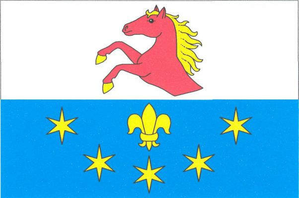 List tvoří dva vodorovné pruhy, bílý a modrý. V bílém polovina červeného koně ve skoku se žlutou zbrojí, v modrém lilie provázená dole do oblouku pěti šesticípými hvězdami, vše žluté. Poměr šířky k délce listu je 2 : 3.