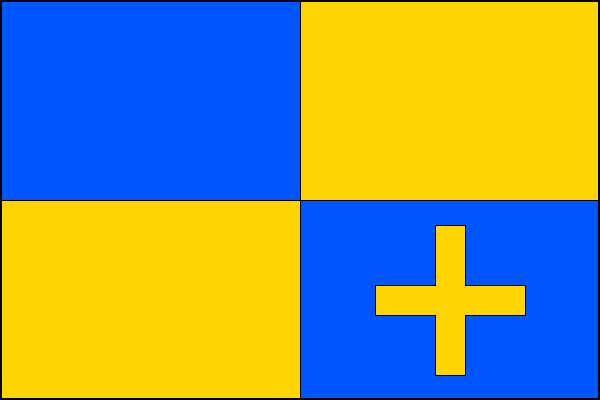 Modro-žlutě čtvrcený list v dolním vlajícím poli žlutý zkrácený středový kříž. Poměr šířky k délce listu je 2:3.