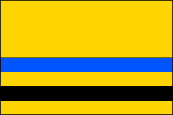 List tvoří pět vodorovných pruhů, žlutý, modrý, žlutý, černý a žlutý, v poměru 4:1:1:1:1. Poměr šířky k délce listu je 2:3.