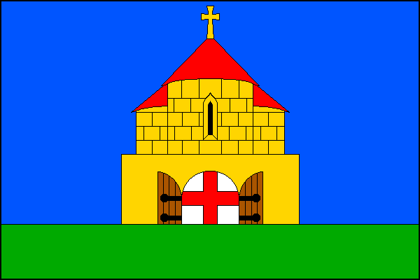 List tvoří dva vodorovné pruhy, modrý a zelený, v poměru 4:1. Do modrého pruhu vyniká žlutá volná zeď s bílou branou s hnědými otevřenými vraty na černých závěsech, v bráně červený středový kříž. Za zdí vyniká rotunda s černým románským oknem, po stranách