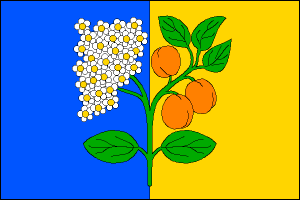 List tvoří dva svislé pruhy, modrý a žlutý. Uprostřed listu vztyčená zelená meruňková větev dole se dvěma listy a nahoře dvěma odkloněnými větévkami, v modrém pruhu s trsem bílých květů se žlutými středy, ve žlutém pruhu se třemi oranžovými plody pod třem