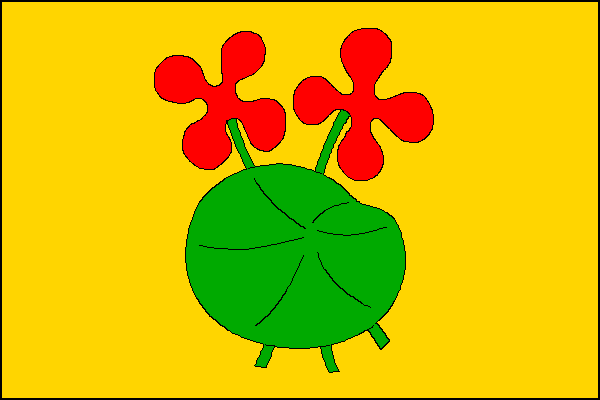 Žlutý list se zeleným listem řeřichy se dvěma červenými květy na zelených stoncích. Poměr šířky k délce je 2:3.
