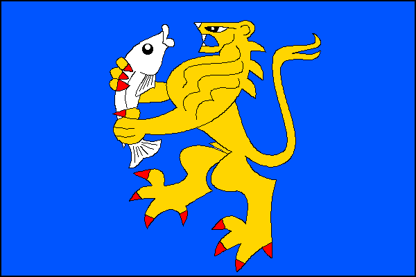 Modrý list se žlutým lvem s červenou zbrojí, držícím přivrácenou bílou rybu. Poměr šířky k délce listu je 2:3.
