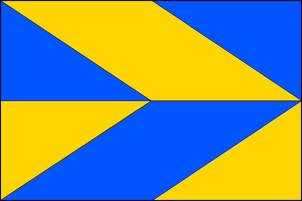 List tvoří dva vodorovné pruhy, modrý a žlutý, s krokví opačných barev vycházející z první poloviny horního a dolního okraje a s vrcholem uprostřed vlajícího okraje listu. Poměr šířky k délce listu je 2:3.