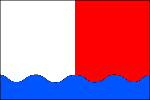 List tvoří bílá žerďová a červená vlající část. Na dolním okraji modrý zvlněný pruh široký jednu čtvrtinu délky listu s pěti vrcholy a čtyřmi prohlubněmi. Poměr šířky k délce listu je 2:3.
