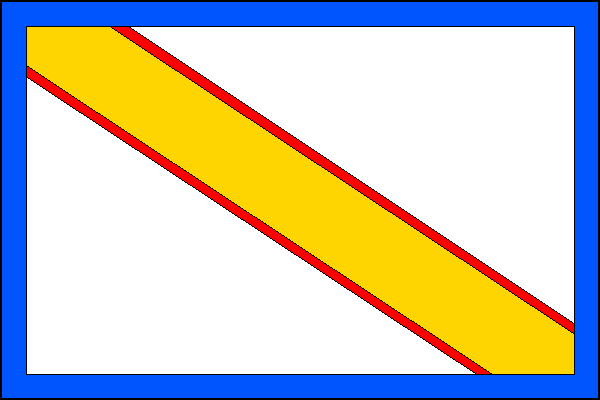Bílý list se žlutým kosmým pruhem o šířce jedné pětině šířky listu s červeným lemem širokým jednu třicetinu šířky listu. Celý list má modrý lem o šířce jedné patnáctiny šířky listu. Poměr šířky k délce listu je 2:3.