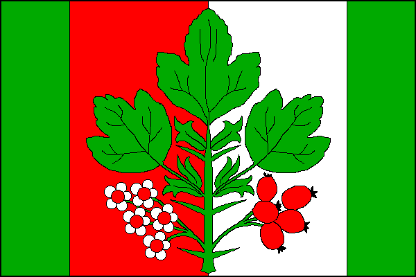 List tvoří čtyři svislé pruhy, zelený, červený, bílý a zelený, v poměru 1:2:2:1. Uprostřed vztyčená větev hlohu se třemi zelenými listy, s pěti bílými pětilistými květy s červenými středy v červeném pruhu a s pěti červenými hložinkami v bílém pruhu. Poměr
