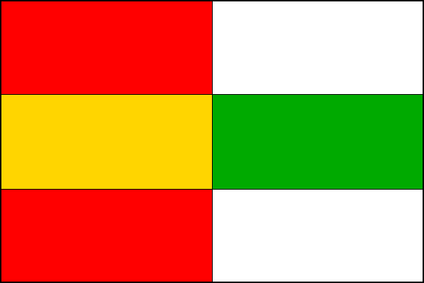 V žerďové části tři vodorovné pruhy: červený, žlutý a červený, ve vlající části bílý, zelený a bílý. Poměr šířky k délce listu je 2:3.
