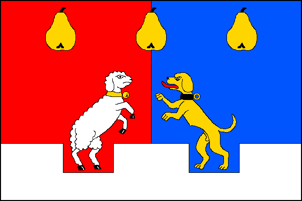 List tvoří dva vodorovné pruhy, červeno-modře polcený a zubatý bílý, v poměru 5:2. Zubatý pruh má tři obdélníkové zuby a dvě mezery. V horní části listu tři žluté hrušky. V mezerách stojí bílá ovce se žlutou rolničkou a žlutý pes s červeným jazykem a čern