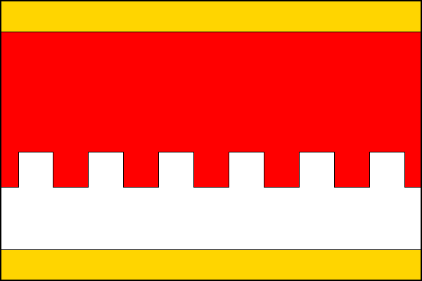 List tvoří čtyři vodorovné pruhy, žlutý, červený, zubatý bílý a žlutý v poměru 1:5:2:1. Bílý pruh má šest čtvercových zubů, pět stejných a dvě poloviční mezery. Poměr šířky k délce listu je 2:3.