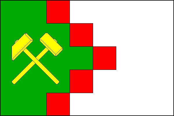 Bílý list se zeleným žerďovým polem ohraničeným pěti červenými kosmo a šikmo položenými čtvercovými poli dotýkajícími se protilehlými rohy. Strany čtverců jsou rovny jedné pětině šířky listu a první čtverec je položen na začátku druhé čtvrtiny horního okr