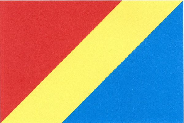 List dělený žlutým šikmým pruhem vycházejícím z první třetiny dolního okraje do třetí třetiny horního okraje listu na červené žerďové a modré vlající pole. Poměr šířky k délce listu je 2 : 3.
