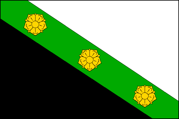 Zeleným kosmým pruhem širokým jednu čtvrtinu šířky listu dělený list na černé žerďové a bílé vlající pole. V zeleném pruhu šikmo tři žluté růže. Poměr šířky k délce listu je 2:3.