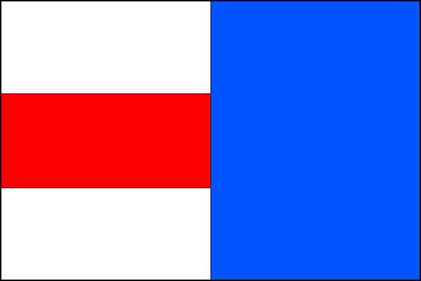 List tvoří tři vodorovné pruhy, bílý, červený a bílý a svislý modrý vlající pruh široký polovinu délky listu. Poměr šířky k délce listu je 2:3.