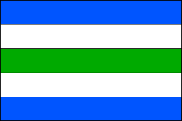 List tvoří pět vodorovných pruhů, modrý, bílý, zelený, bílý a modrý. Poměr šířky k délce listu je 2:3.