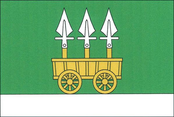 List tvoří dva vodorovné pruhy, zelený a bílý, v poměru 4 : 1. Na bílém pruhu stojí žlutý bojový vůz, z něhož vyrůstají vedle sebe tři bílá kopí na žlutých násadách. Poměr šířky k délce listu je 2 : 3.