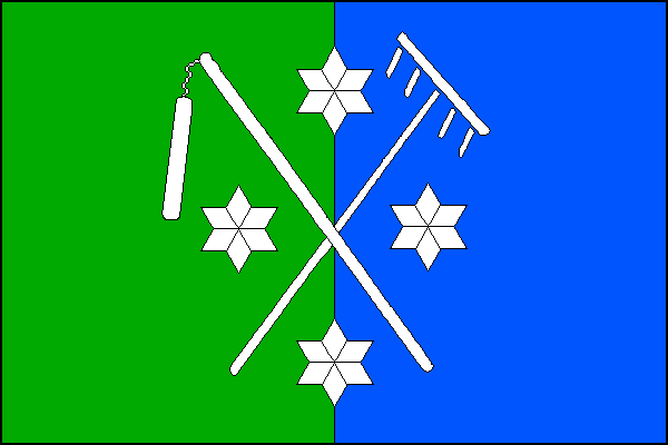 List tvoří zelená žerďová a modrá vlající část. Uprostřed zkřížený cep a hrábě provázené čtyřmi šesticípými hvězdami, vše bílé. Poměr šířky k délce listu je 2:3.