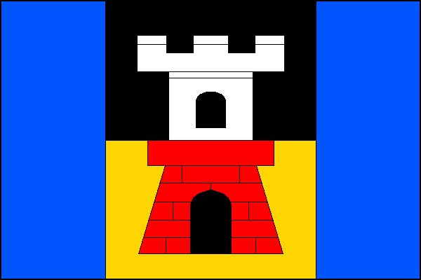 List tvoří tři svislé pruhy, modrý, černo-žlutě dělený a modrý, v poměru 1:2:1. Uprostřed listu bílo-červeně dělená věž, dole kvádrovaná, s cimbuřím, s branou a obloukovým oknem, obojí černé. Poměr šířky k délce listu je 2:3.
