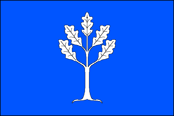 Na modrém listě bílý dub z obecního znaku. Poměr šířky k délce listu je 2:3.