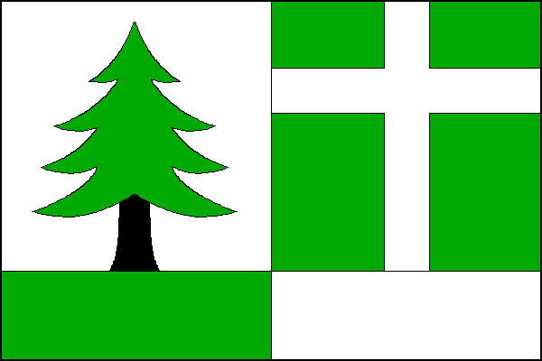 List tvoří dva svislé pruhy, bílo-zeleně dělený v poměru 3:1 a zeleno-bíle dělený v poměru 3:1. Do bílého žerďového pole vyrůstá zelený jehličnatý strom s černým kmenem. V zeleném vlajícím poli bílý latinský kříž s rameny širokými jednu osminu šířky listu