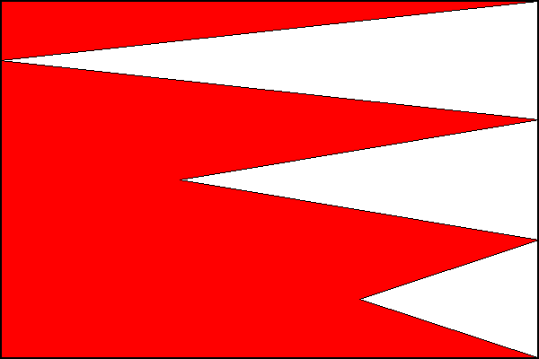 Červený list se třemi bílými vlajícími klíny. Horní klín má vrchol na žerďovém okraji, střední v první třetině listu a dolní ve druhé třetině listu. Poměr šířky k délce listu je 2:3.