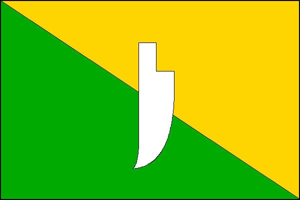 Kosmo dělený list se zelenou žerďovou a žlutou vlající částí, uprostřed bílá radlice. Poměr šířky k délce listu je 2:3.