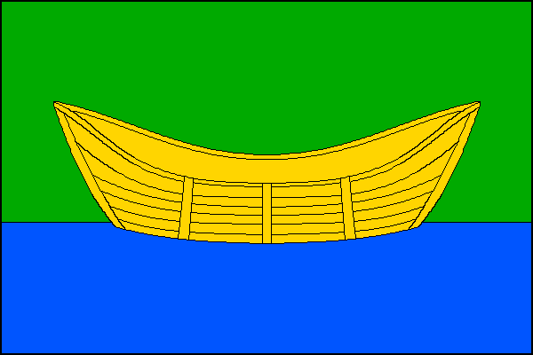 List tvoří dva vodorovné pruhy, zelený a modrý, v poměru 5:3. Uprostřed žlutá loďka. Poměr šířky k délce je 2:3.
