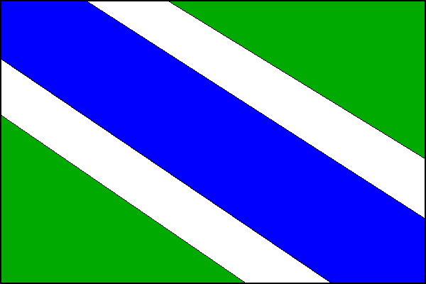 Zelený list se třemi kosmými pruhy, bílým, modrým a bílým v poměru 1:2:1. Šířka modrého pruhu je jednou třetinou šířky listu. Poměr šířky k délce listu je 2:3.