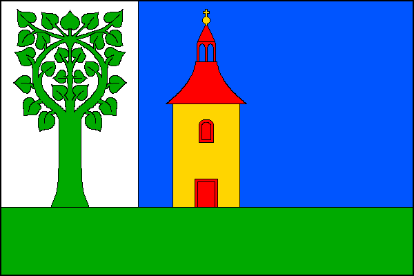 List tvoří dva svislé pruhy, bílý a modrý, v poměru 1:2 a vodorovný zelený pruh na dolním okraji široký jednu čtvrtinu šířky listu, ze kterého do bílého pruhu vyrůstá zelená lípa. V modrém pruhu ve střední části listu stojí žlutá kostelní věž s obloukovým