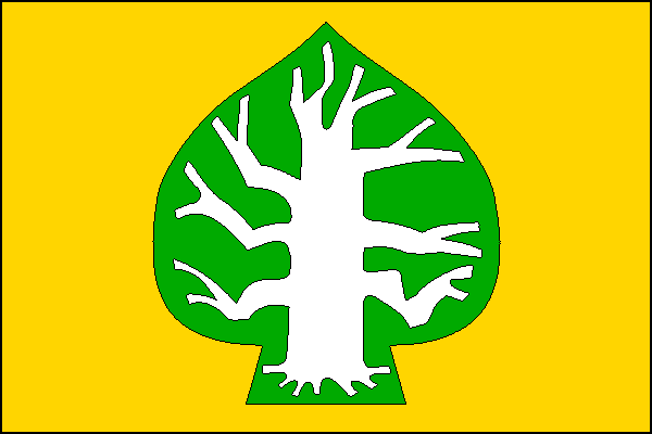 Žlutý list s bílým vykořeněným stromem bez listí v zeleném lipovém listu. Poměr šířky k délce listu je 2:3.