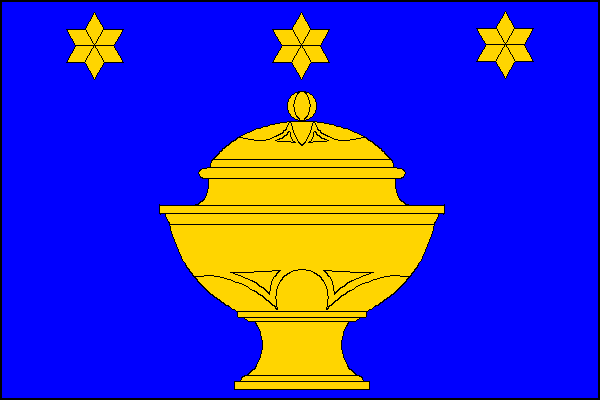 Modrý list uprostřed se žlutou dózou na masti, u horního okraje listu tři šesticípé hvězdy. Poměr šířky k délce je 2:3.