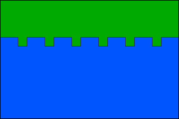 List tvoří dva vodorovné pruhy, zelený a zubatý modrý v poměru 1:2. Modrý pruh má sedm obdélníkových zubů a šest polovičních, čtvercových mezer. Poměr šířky k délce listu je 2:3.