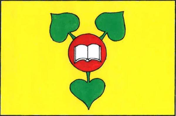 Žlutý list s červeným kruhovým polem se třemi (2, 1) vyrůstajícími zelenými lipovými listy. V poli bílá rozevřená kniha. Poměr šířky k délce listu je 2 : 3.