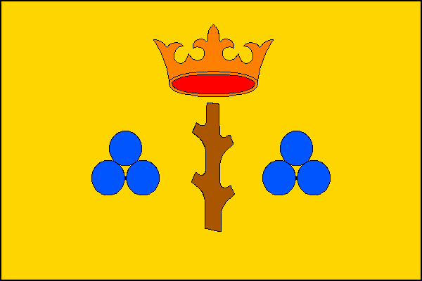 Žlutý list, uprostřed svislá hnědá ostrev převýšená zlatou, červeně vyloženou korunou a provázená po každé straně třemi (1,2) dotýkajícími se modrými dělovými koulemi. Poměr šířky k délce listu je 2:3.